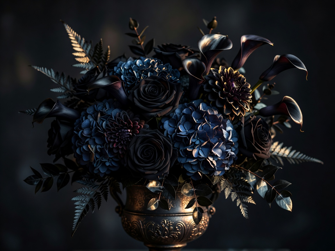 Dark luxury floral arrangement with golden light