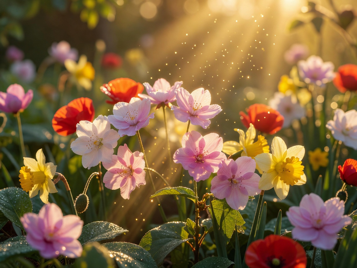 Golden sunlight shining through floral petals
